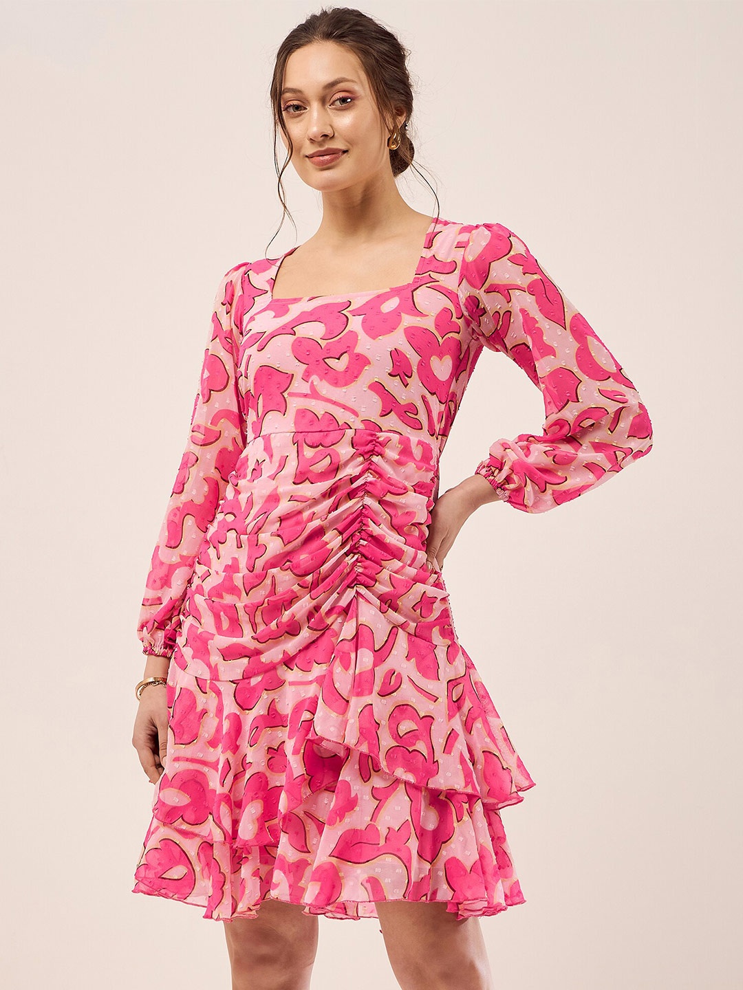 

Antheaa Floral Printed Square Neck Puff Sleeve A-Line Dress, Pink