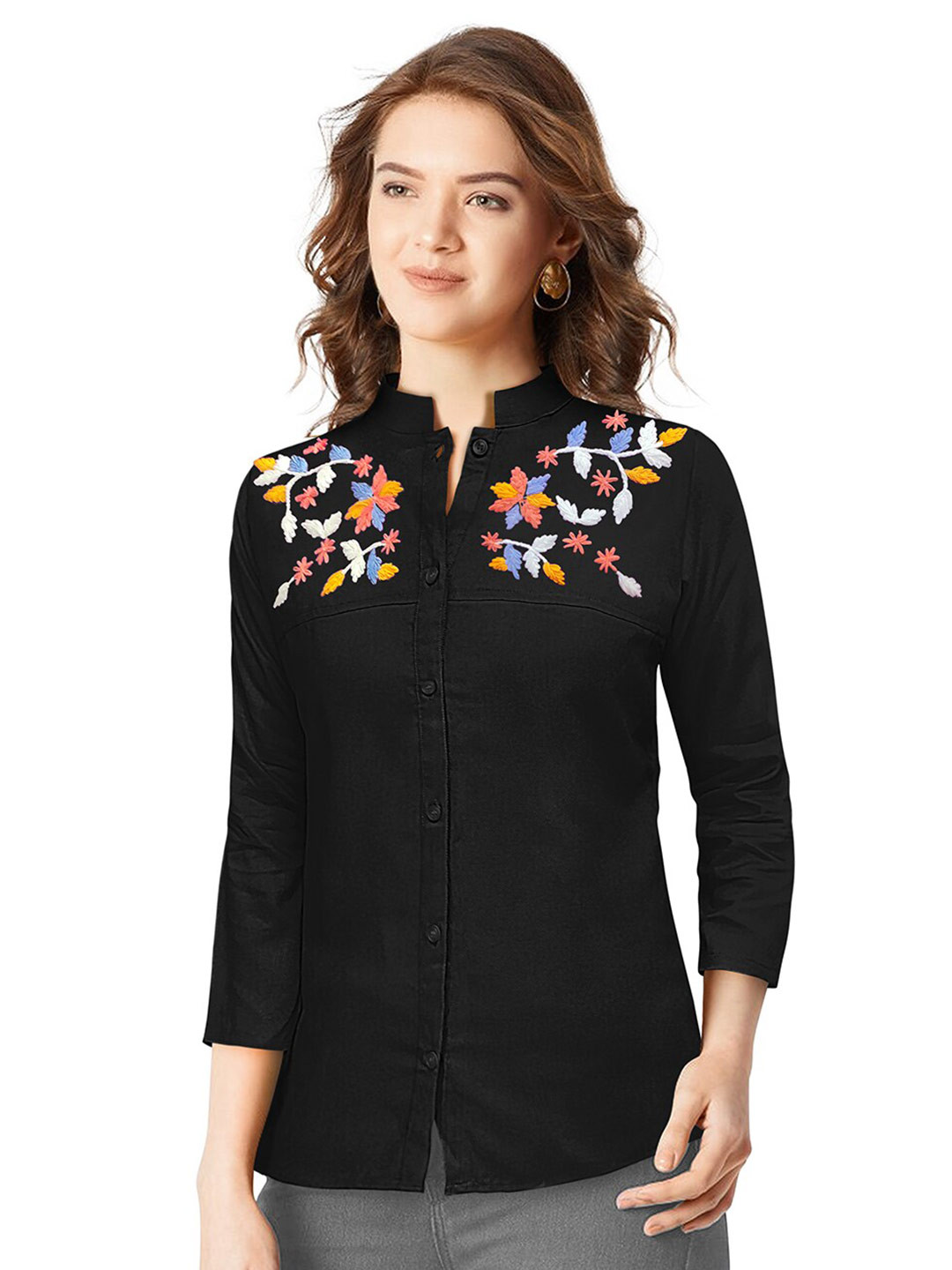 

Sanwariya Silk Floral Mandarin Collar Top, Black