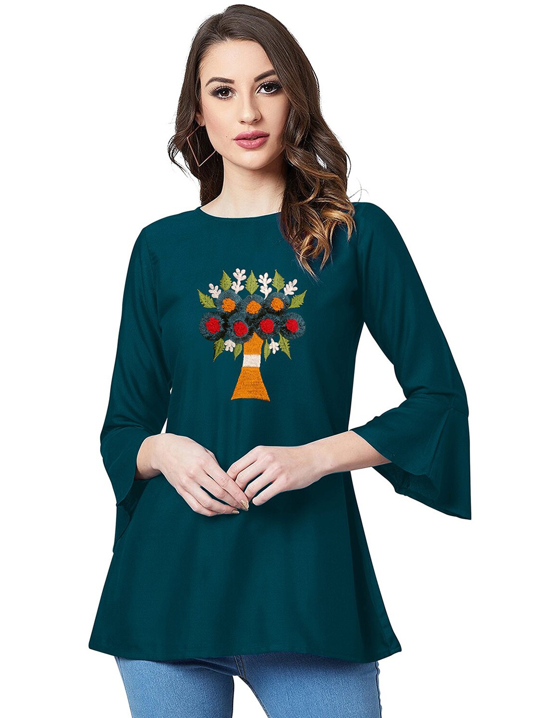 

Sanwariya Silk Print Round Neck Bell Sleeve Top, Green