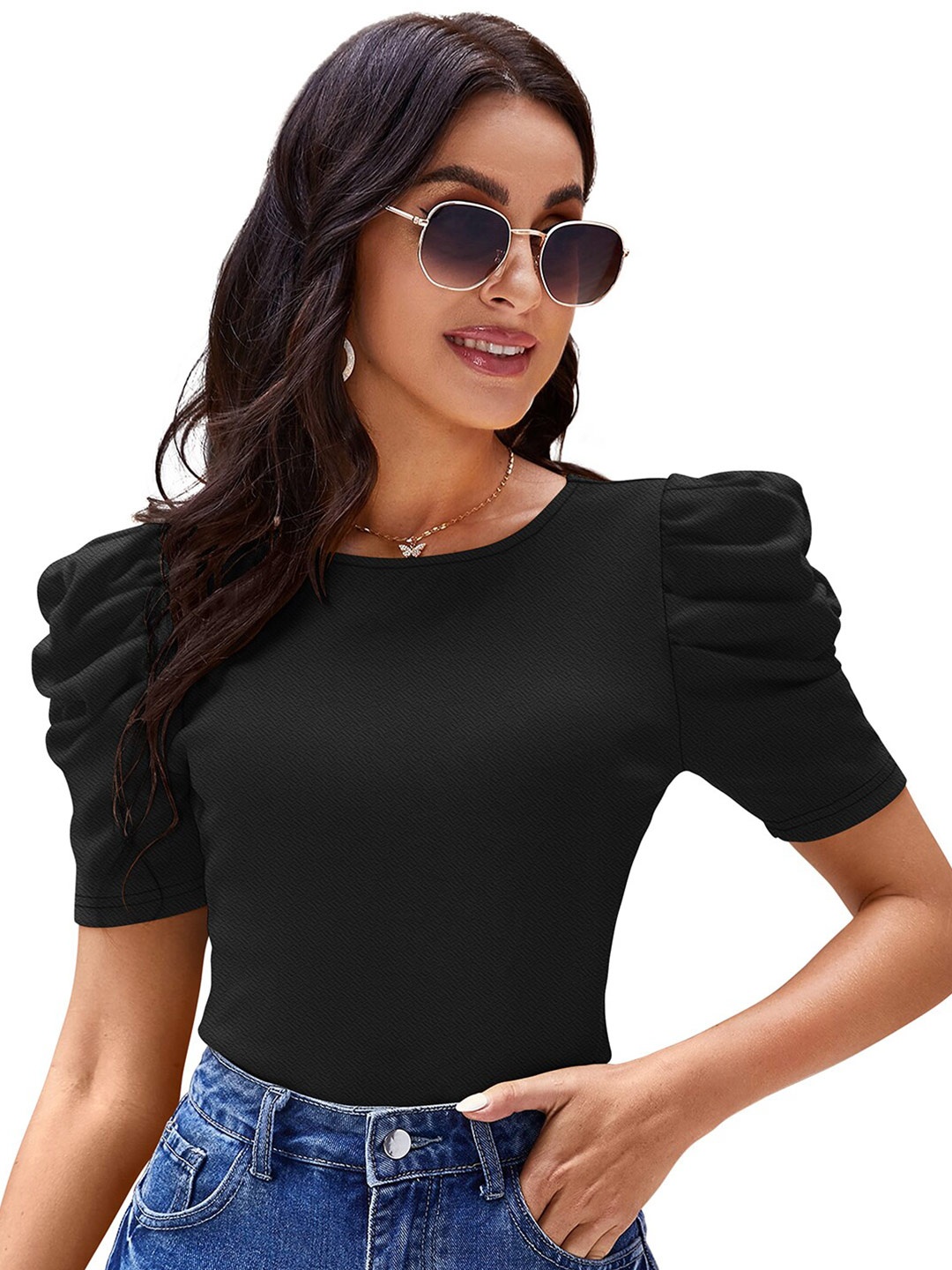 

Sanwariya Silk Round Neck Puff Sleeve Top, Black