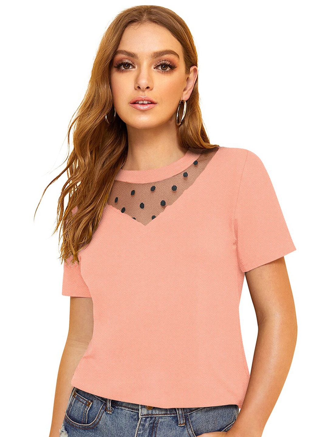 

Sanwariya Silk Round Neck Short Sleeves Top, Peach