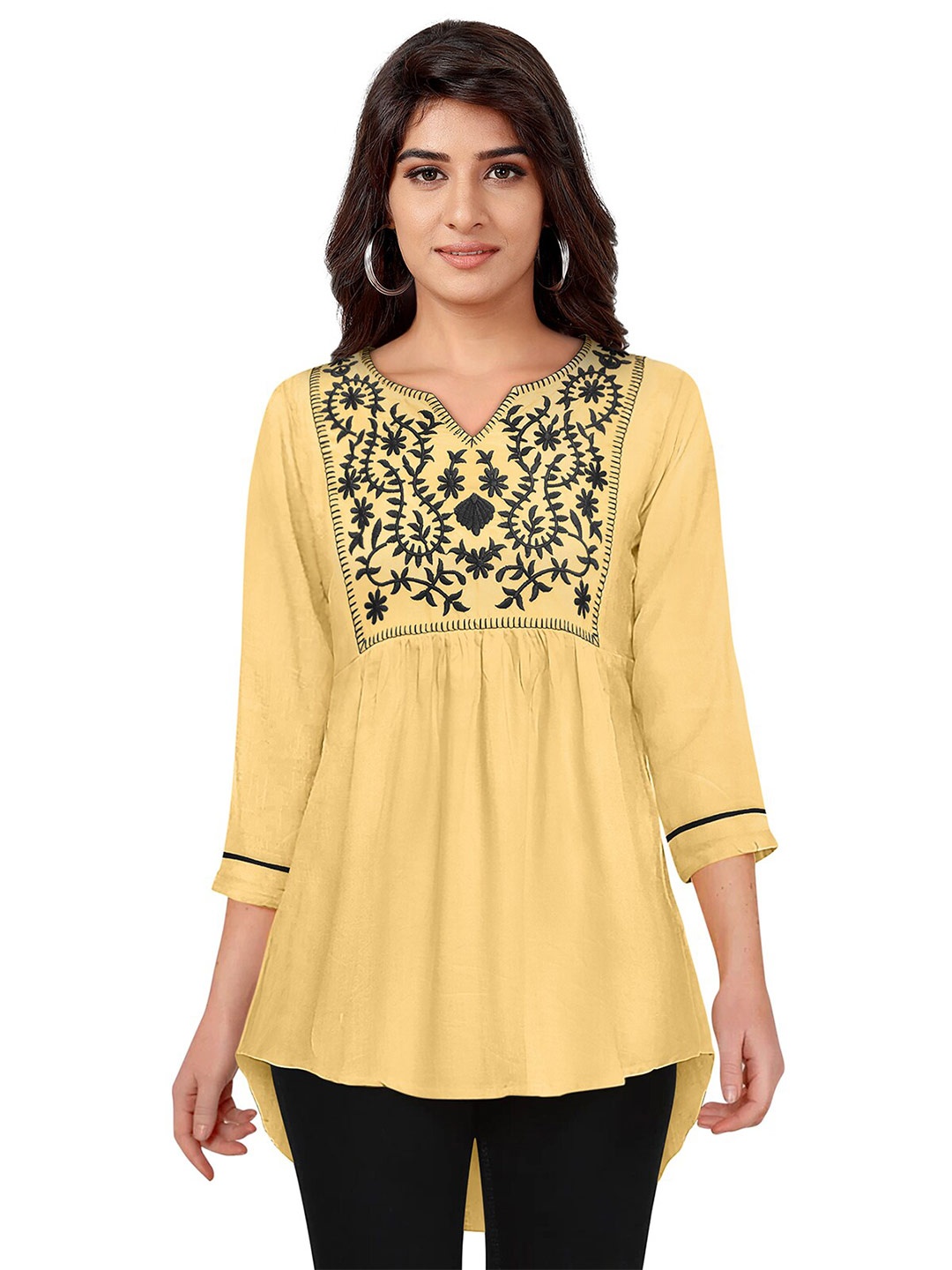 

Sanwariya Silk Floral Embroidered A-Line Top, Yellow
