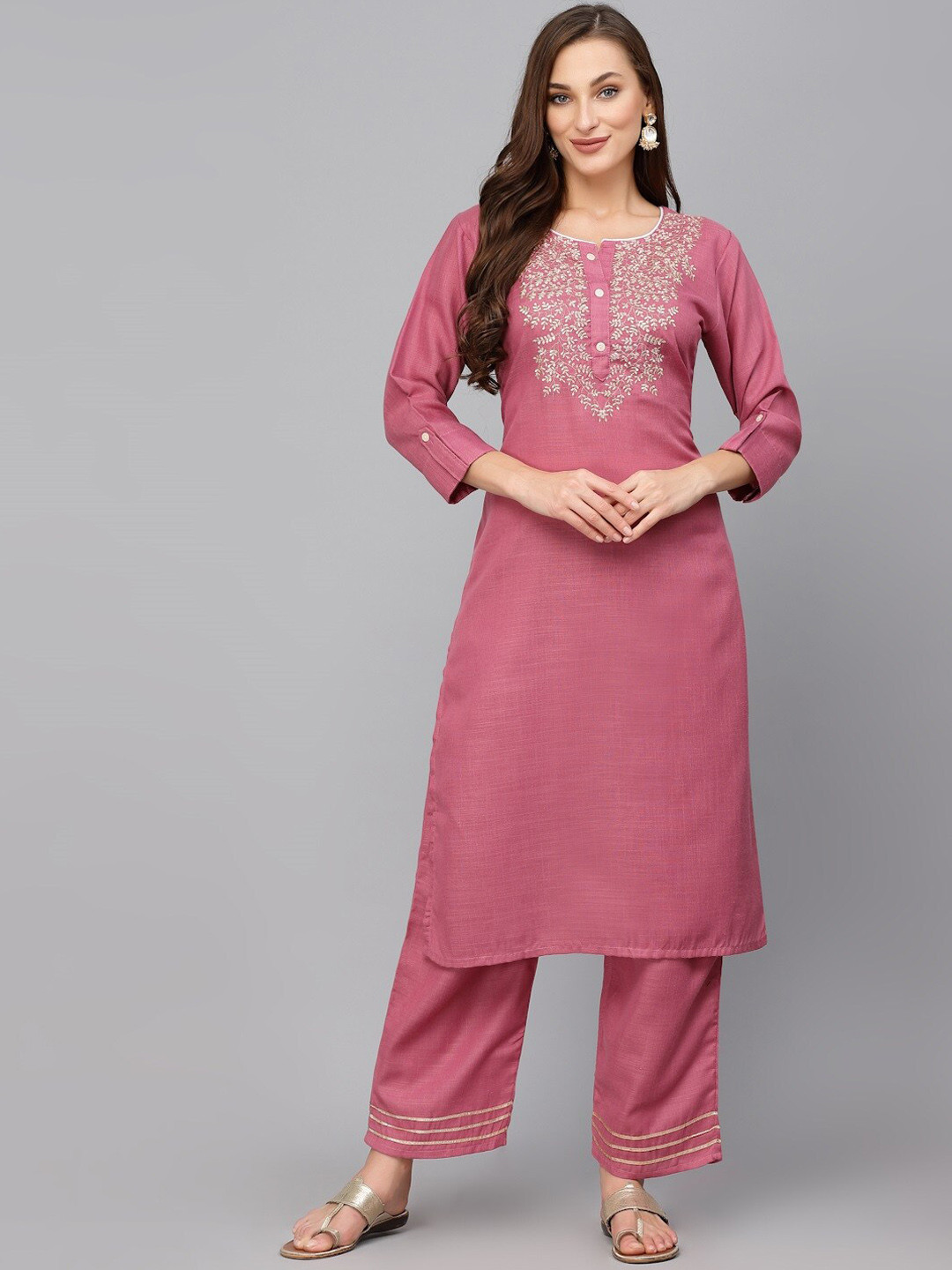 

BAESD Ethnic Motifs Yoke Design Regular Thread Work Kurta with Trousers, Pink