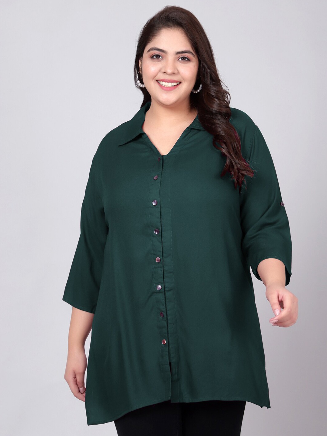 

Indietoga Plus Size Classic Spread Collar Longline Casual Shirt, Green