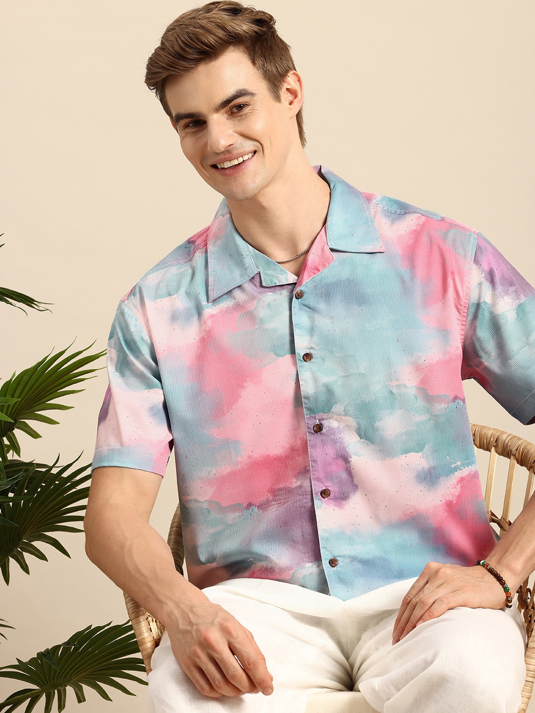 

Mast & Harbour Men Printed Cuban Collar Relaxed Fit Casual Shirt, Turquoise blue