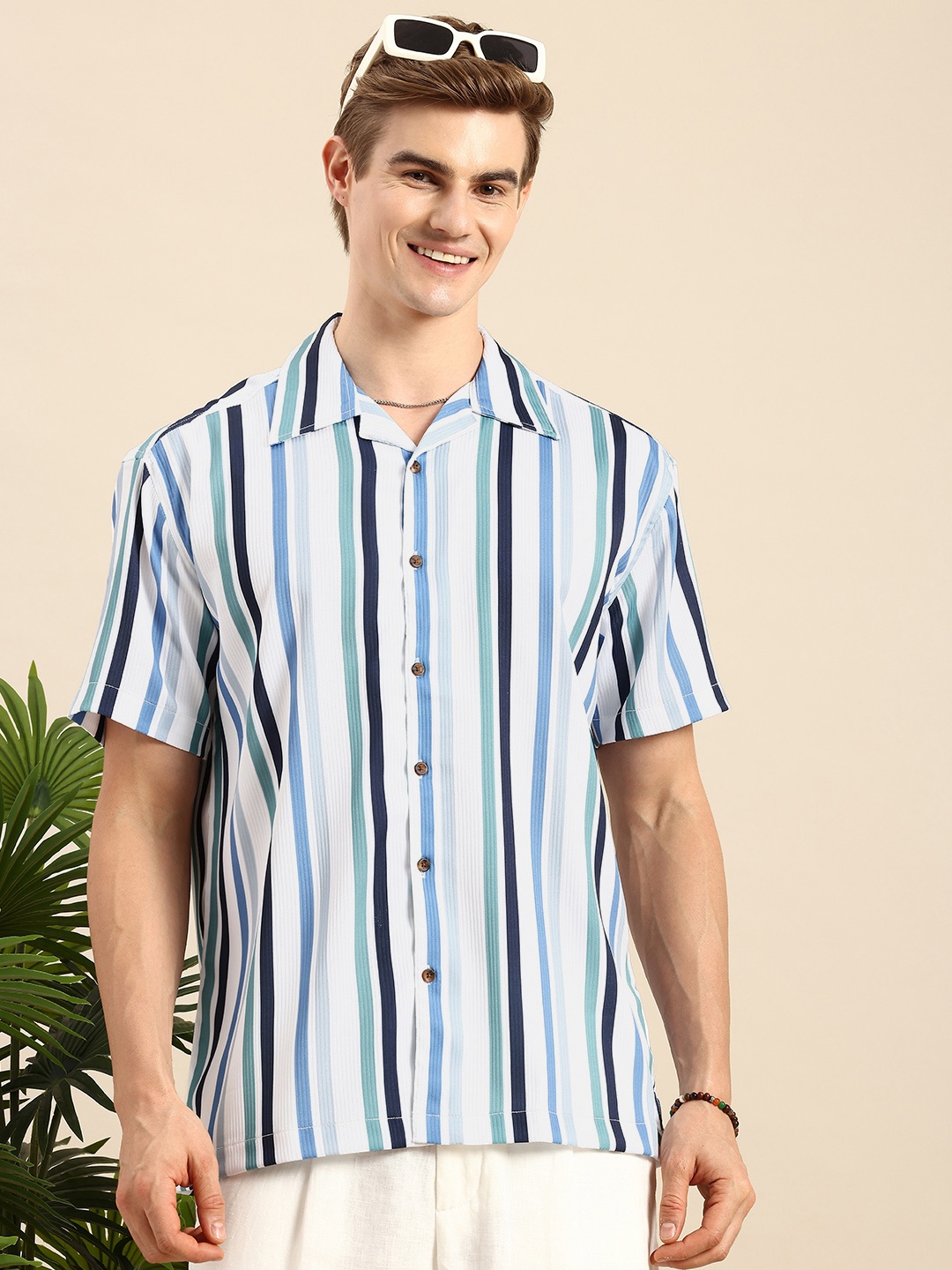 

Mast & Harbour Men Striped Cuban Collar Relaxed Fit Casual Shirt, Turquoise blue