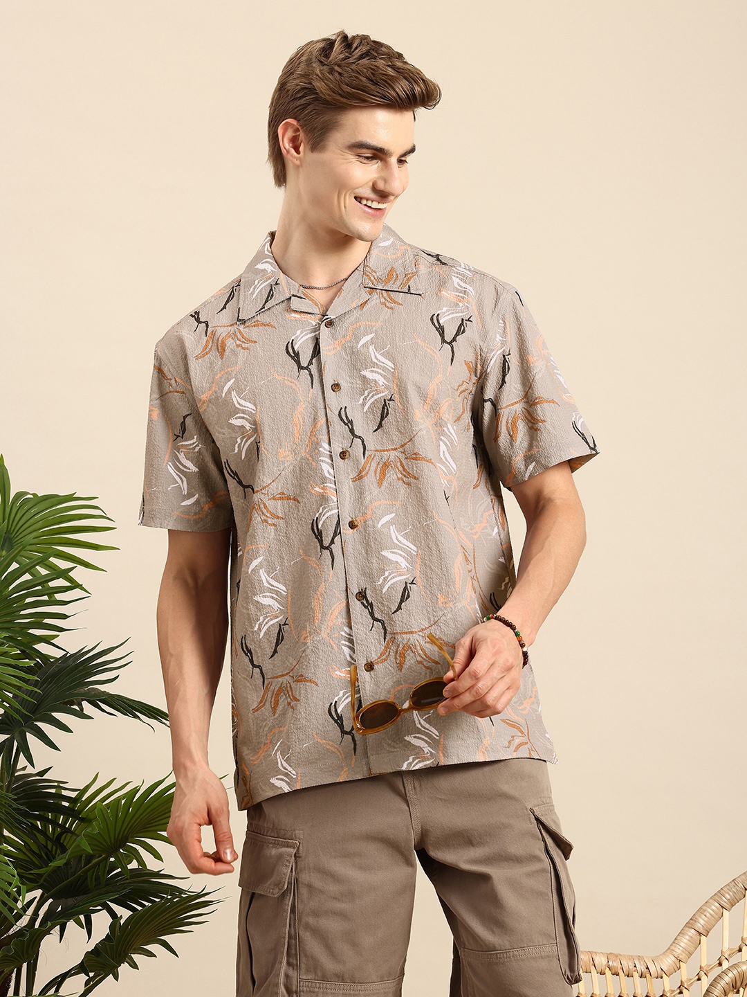 

Mast & Harbour Men Abstract Printed Cuban Collar Relaxed Fit Casual Shirt, Beige