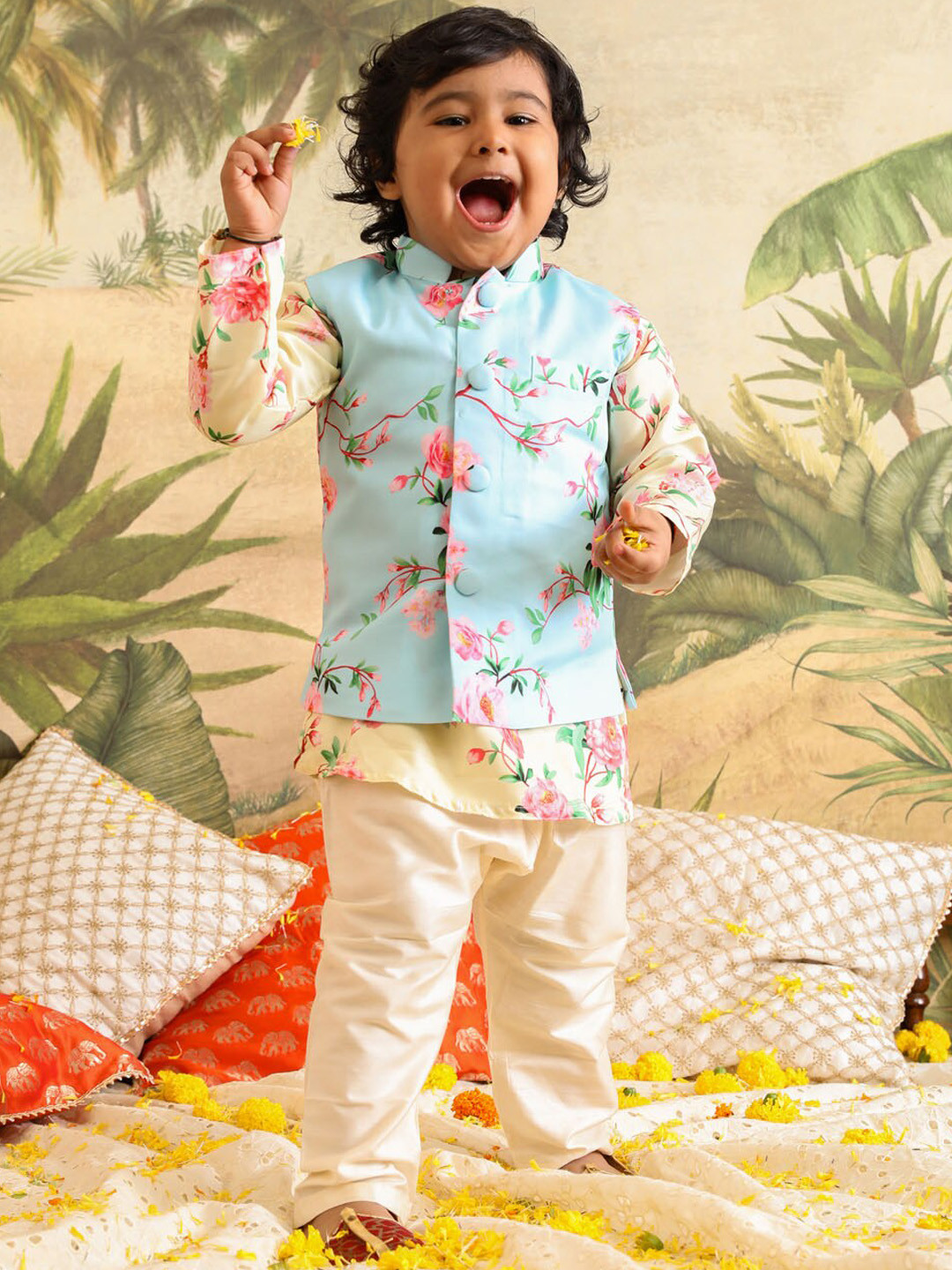 

VASTRAMAY Infant Boys Floral Printed Woven Nehru Jacket, Blue