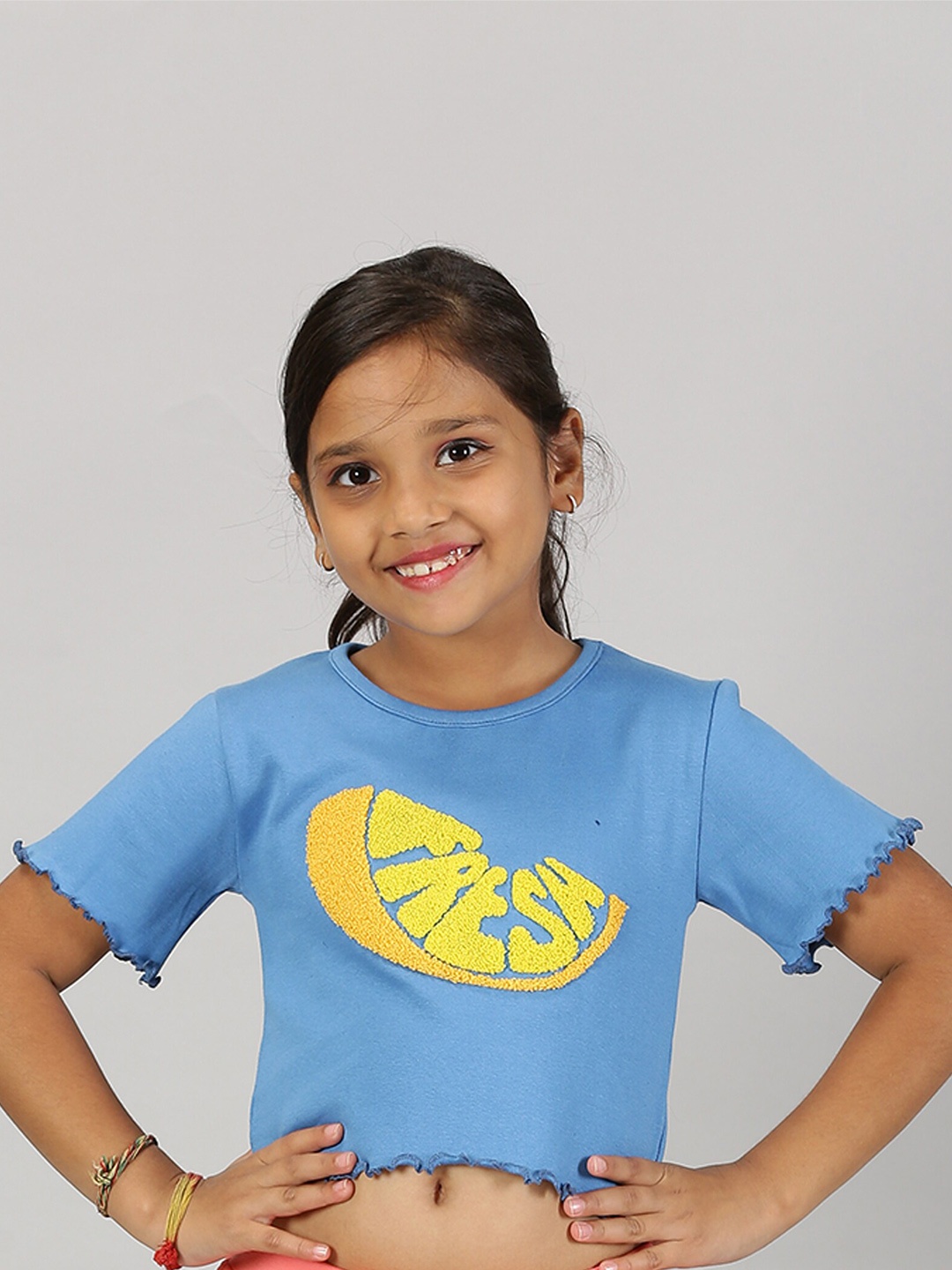 

KiddoPanti Girls Graphic Printed Crop Pure Cotton T-shirt, Blue