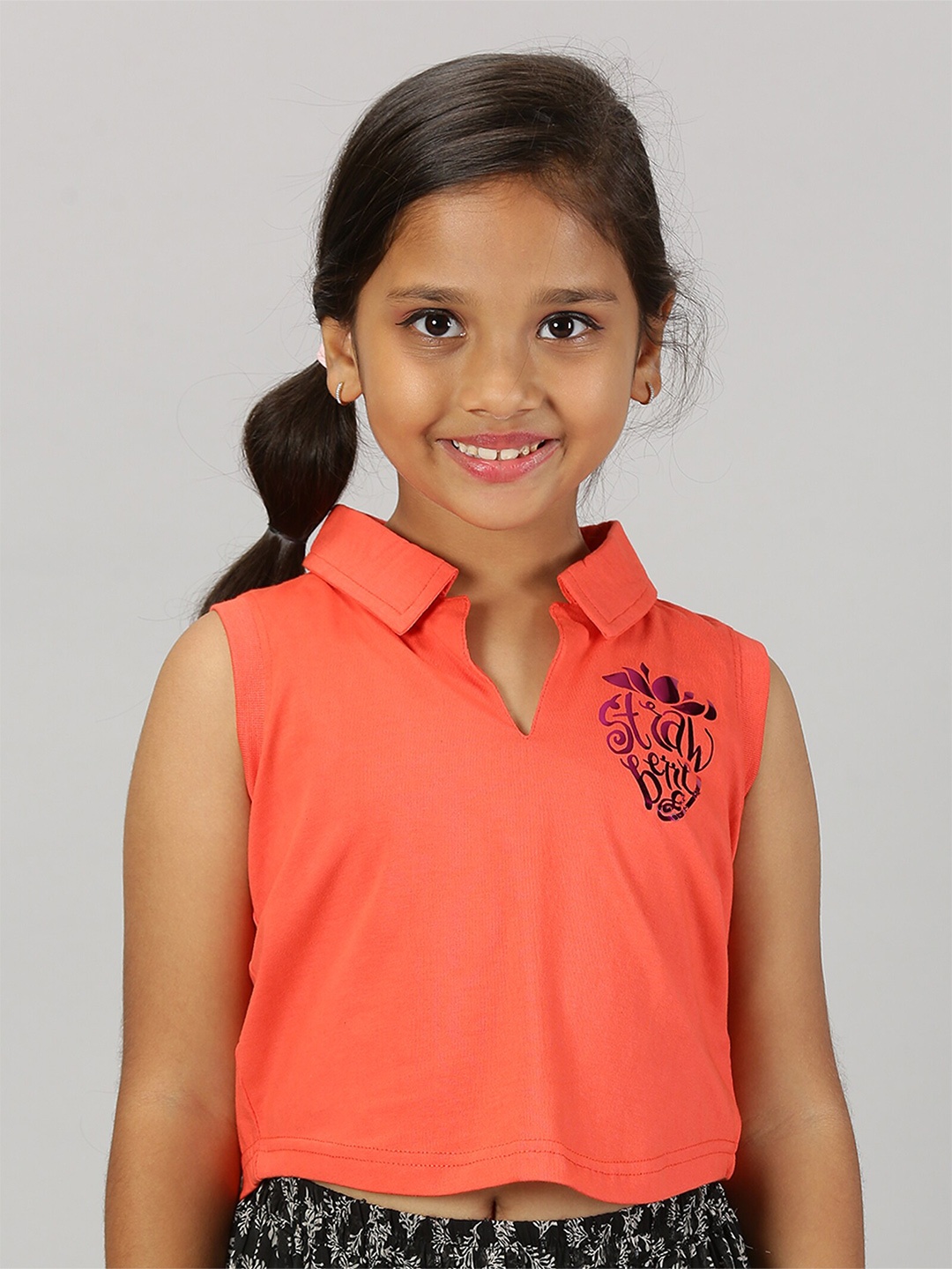 

KiddoPanti Girls Sleeveless Polo Collar Applique Pure Cotton Crop T-shirt, Coral
