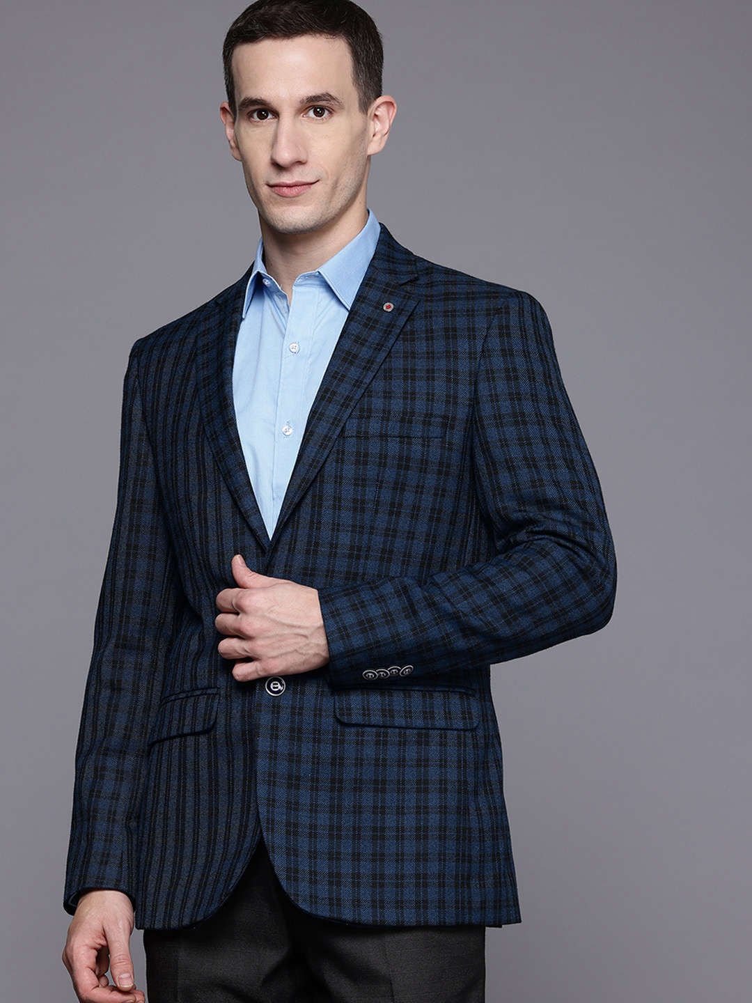 

Raymond Checked Regular Fit Single-Breasted Blazer, Navy blue