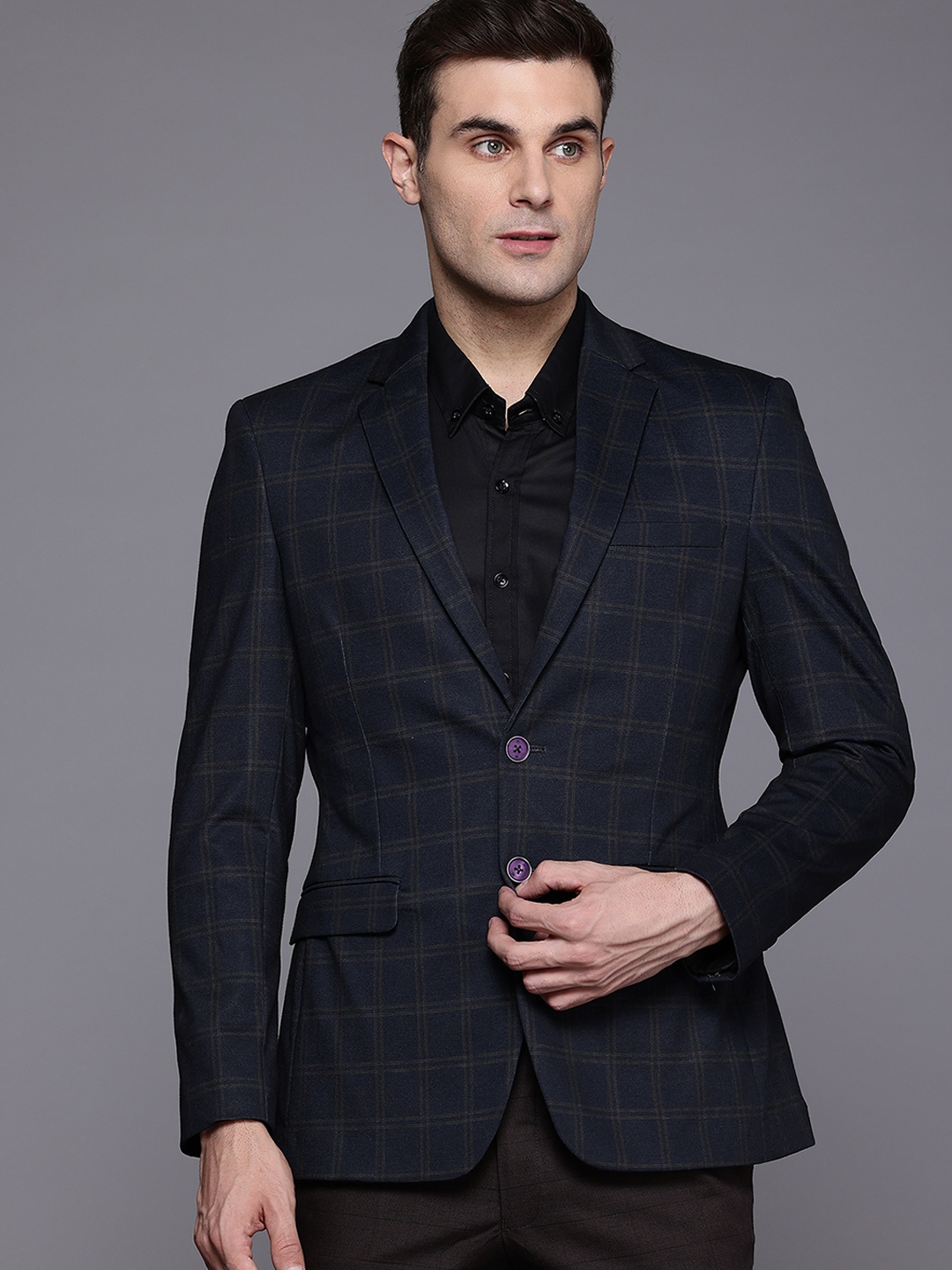 

Raymond Checked Regular Fit Single-Breasted Blazer, Navy blue