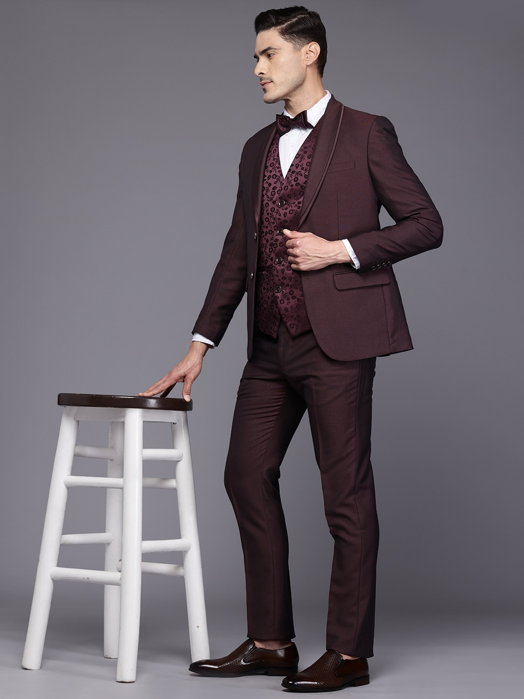 

Raymond Party Blazer & Trouser With Woven Design Waistcoat, Maroon