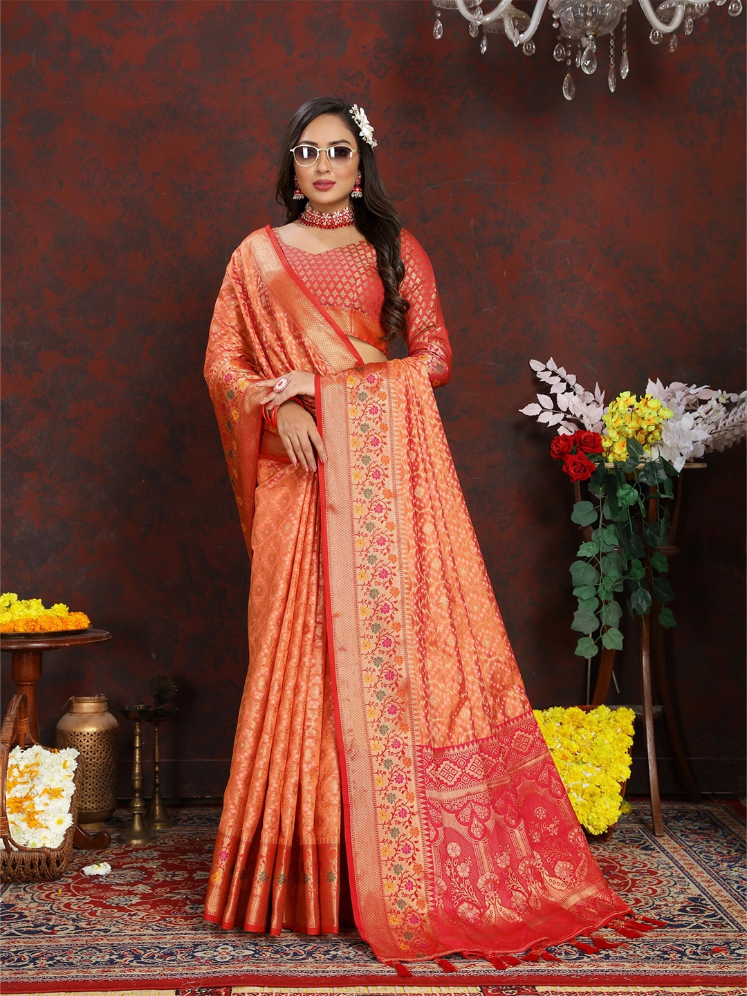 

bansari textiles Ethnic Woven Design Zari Banarasi Saree, Orange