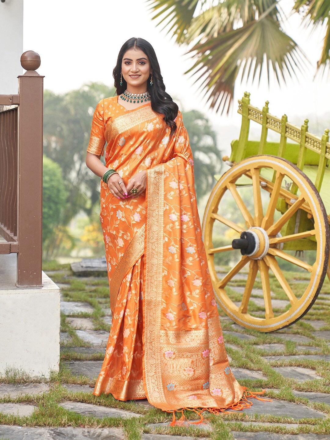 

KARAGIRI Floral Woven Design Zari Banarasi Saree, Orange