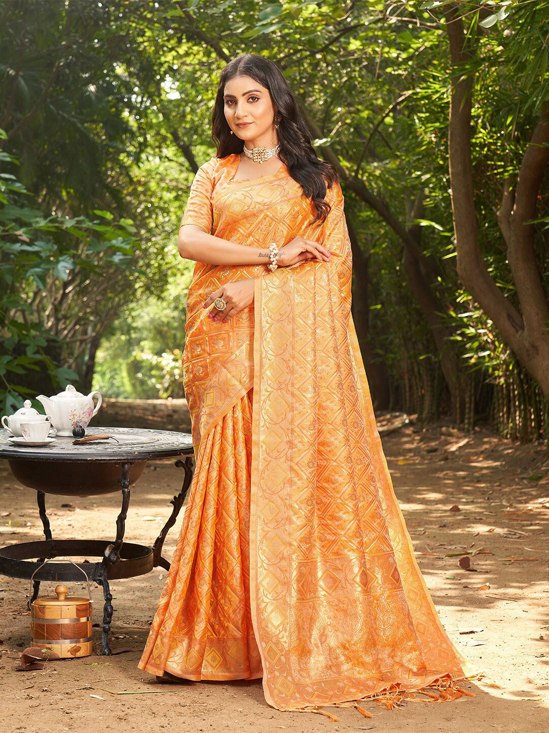 

KARAGIRI Floral Woven Design Zari Banarasi Saree, Orange