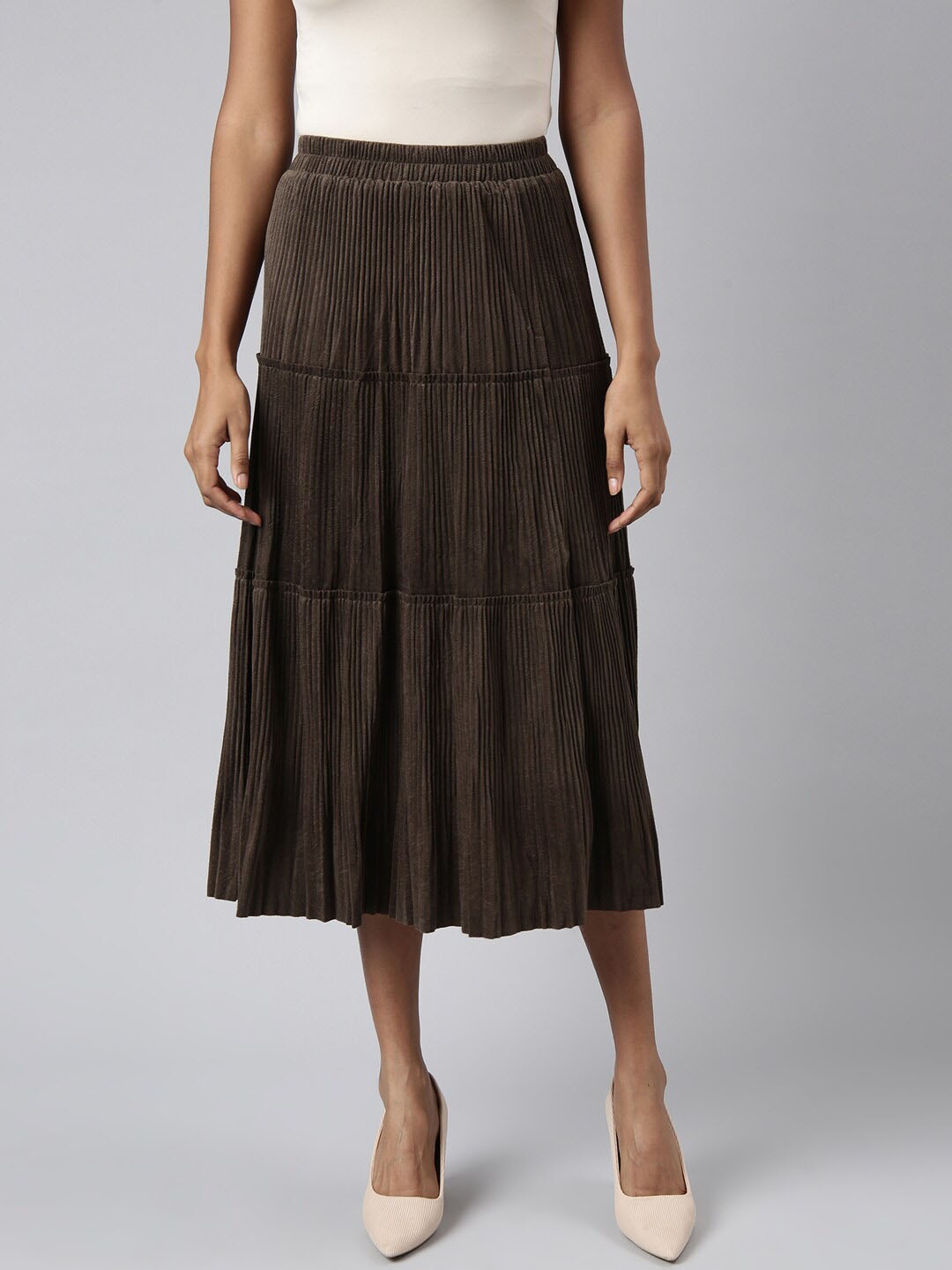 

SHOWOFF Tiered Midi Skirt, Olive