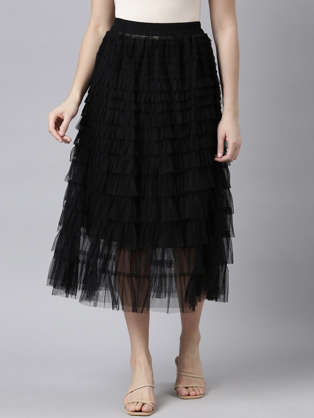 

SHOWOFF Tiered Midi Skirt, Black