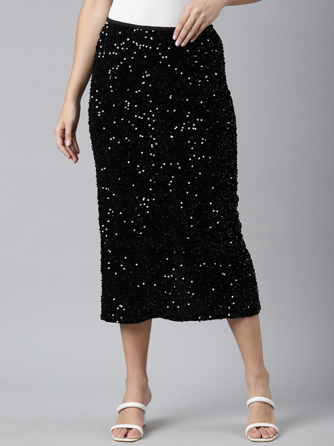 

SHOWOFF Sequin Embellished Straight Midi Skirt, Black