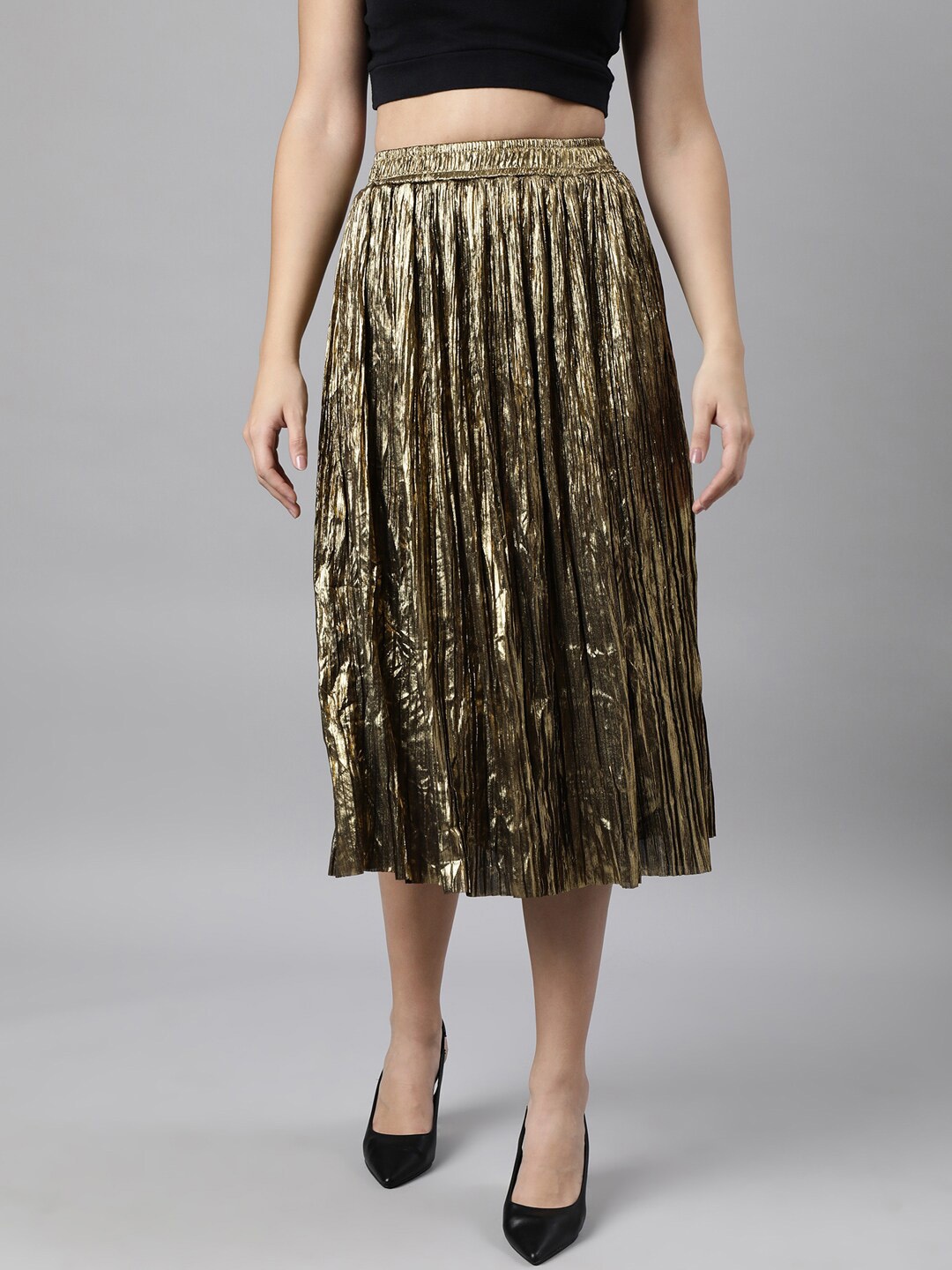 

SHOWOFF Flared Midi Length Skirt, Gold