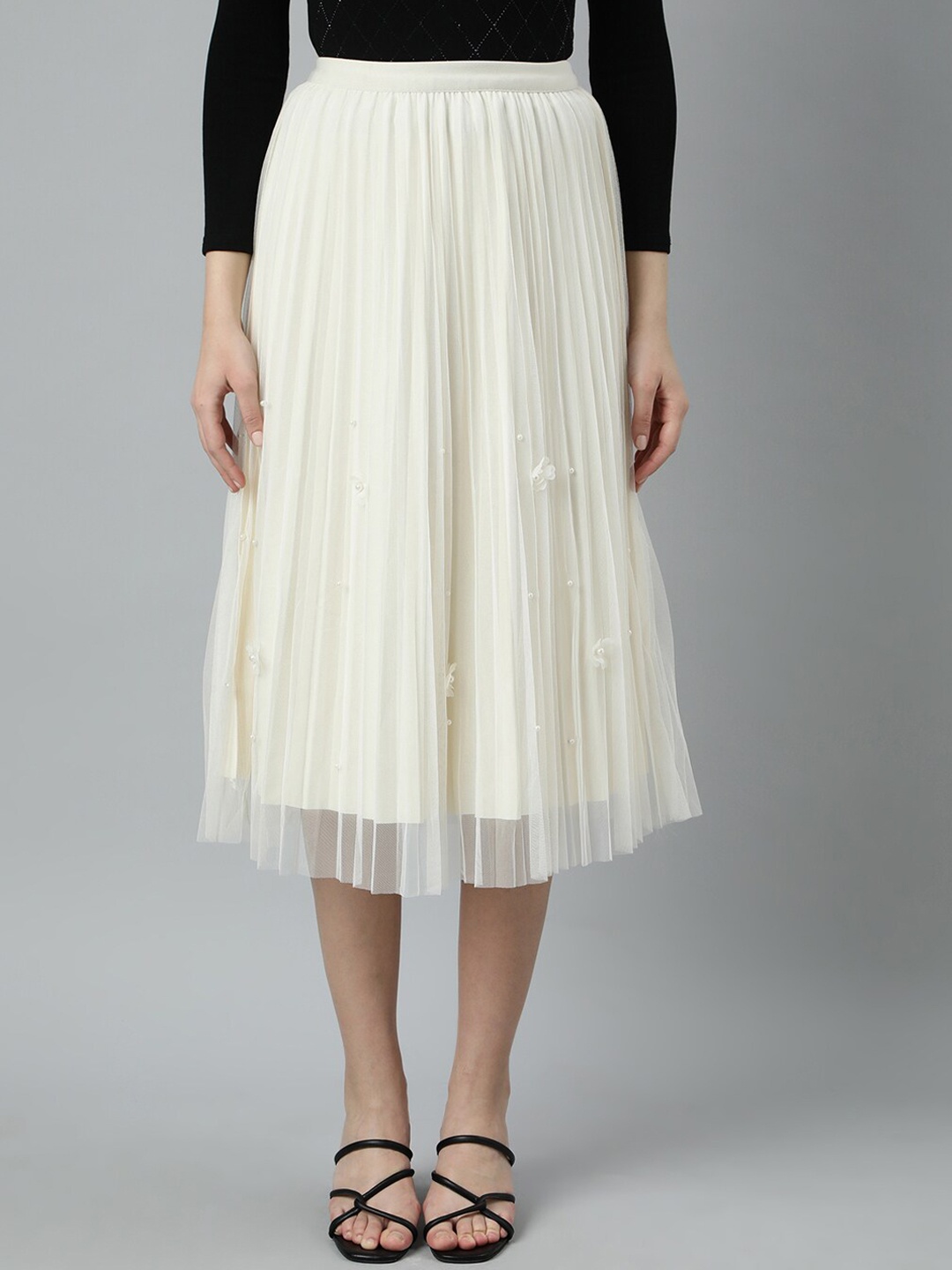 

SHOWOFF Beads Embellished Applique Flared Midi Skirt, Cream