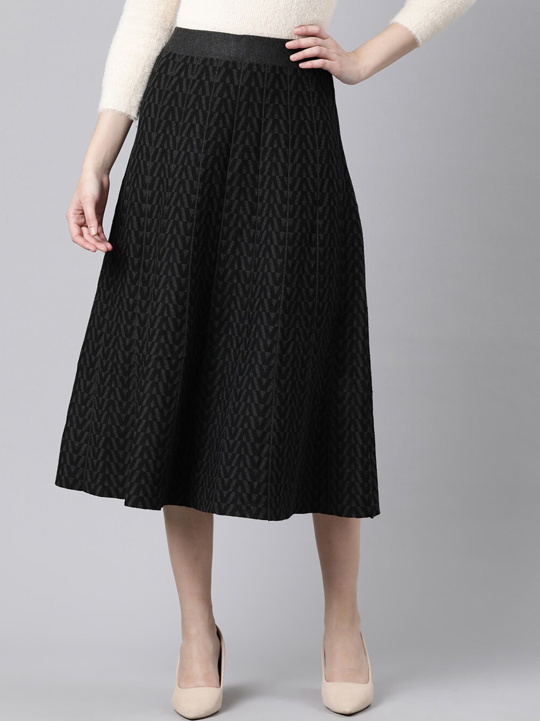 

SHOWOFF Printed Flared Midi Length Skirt, Grey