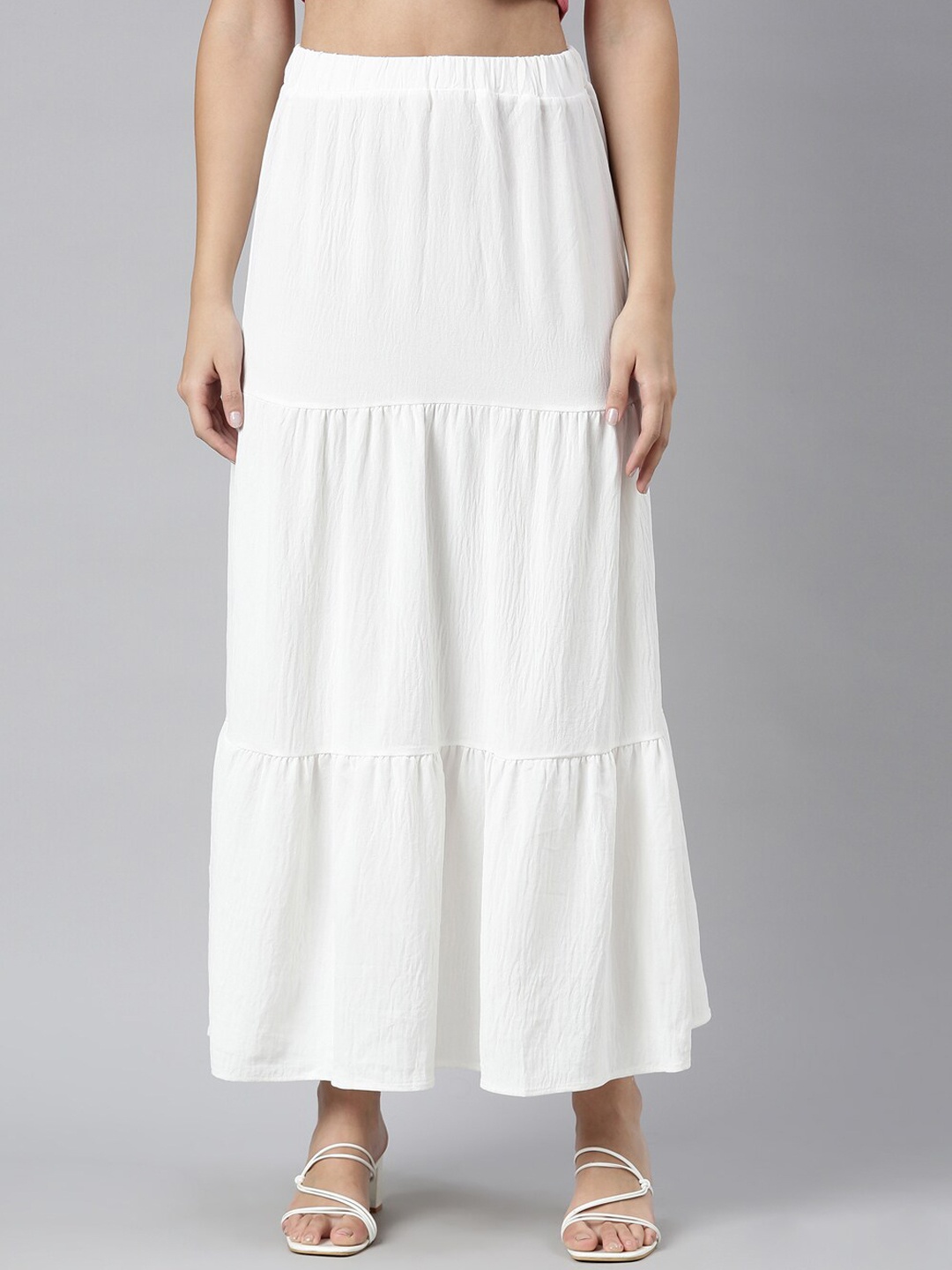 

SHOWOFF Tiered Flared Maxi Skirt, White