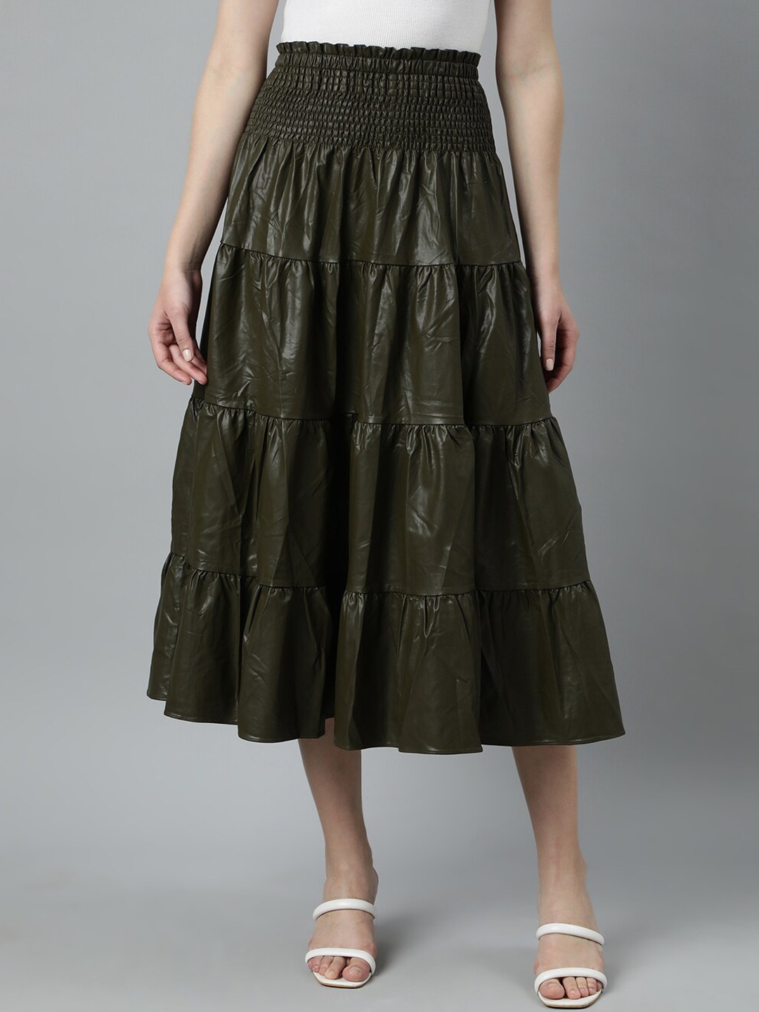 

SHOWOFF Tiered Monochrome Midi Skirts, Olive