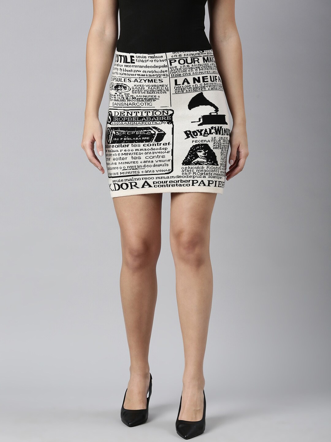 

SHOWOFF Self Design Typography Pencil Mini Skirt, Cream