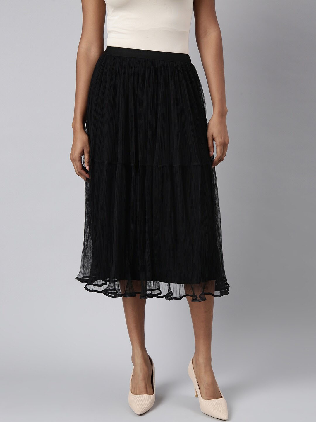 

SHOWOFF Flared Midi Skirt, Black