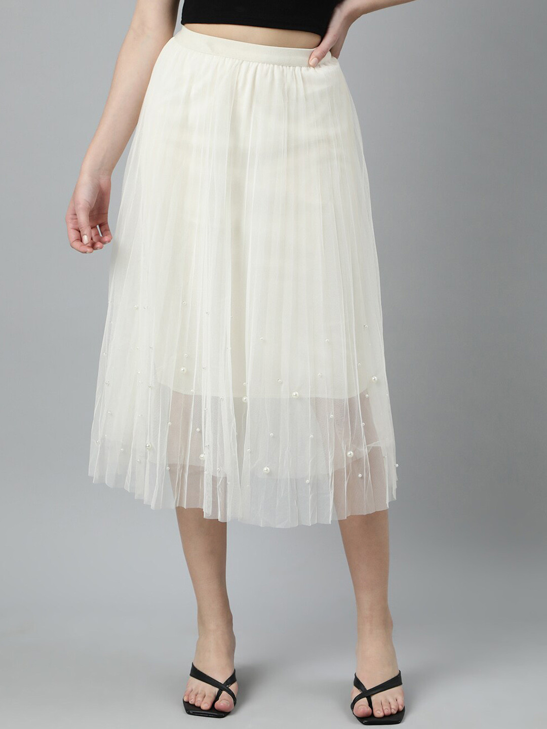 

SHOWOFF Flared Midi Sheer Skirt, Cream