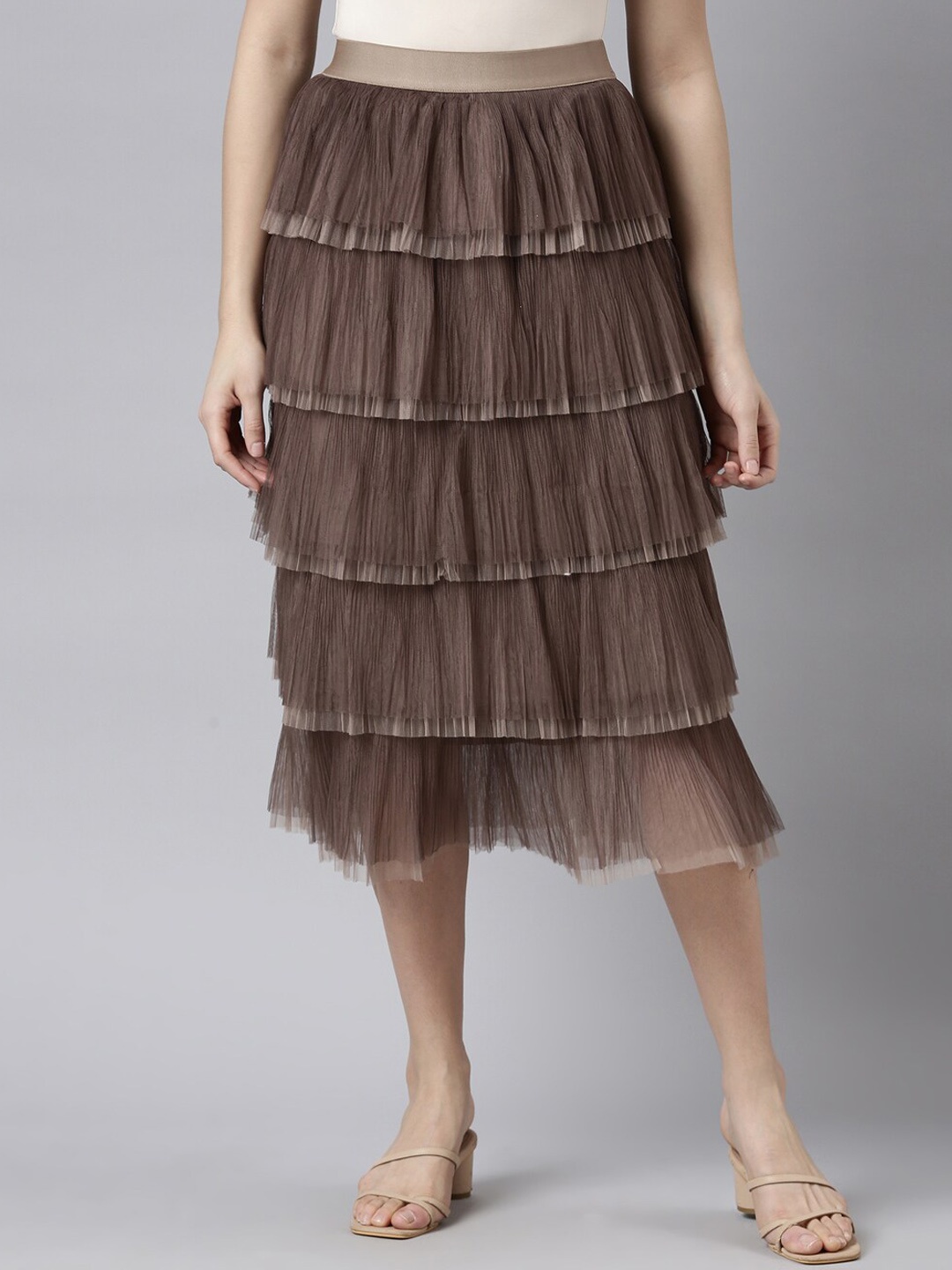 

SHOWOFF Tiered Midi Skirt, Brown