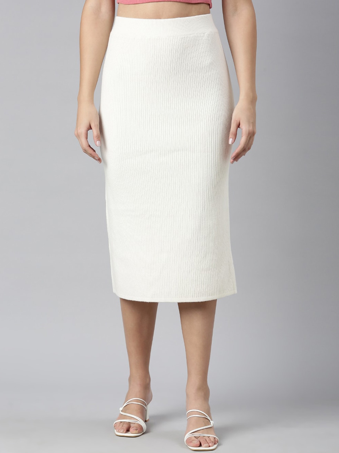

SHOWOFF Self Design Straight Midi Skirt, Cream