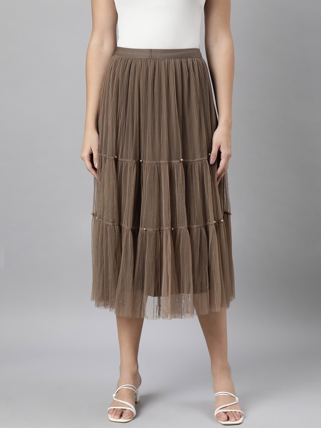 

SHOWOFF Tiered Midi Sheer Skirt, Brown