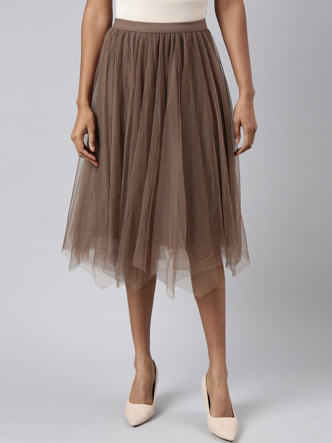 

SHOWOFF Pleated Flared Midi Tulle Skirt, Brown