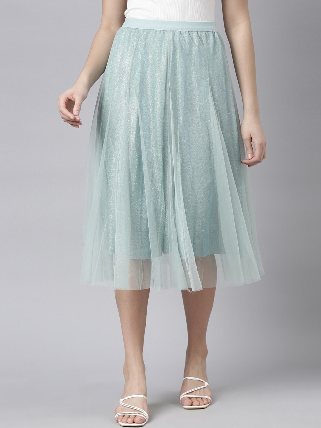 

SHOWOFF Flared Sheer Midi Skirt, Sea green