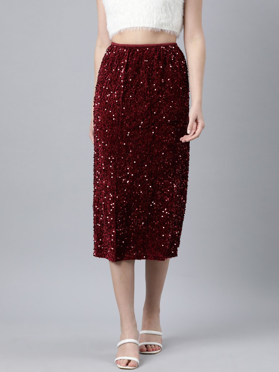 

SHOWOFF Embellished Straight Midi Skirt, Maroon