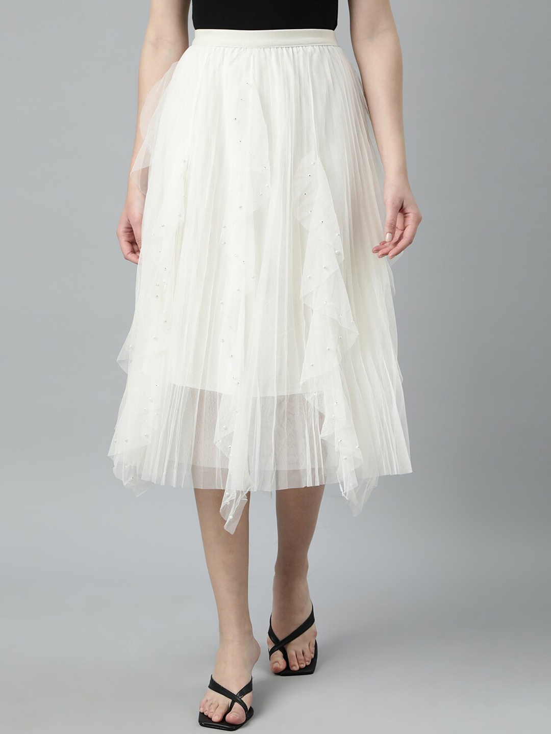 

SHOWOFF Flared Ruffle Midi Skirt, Cream