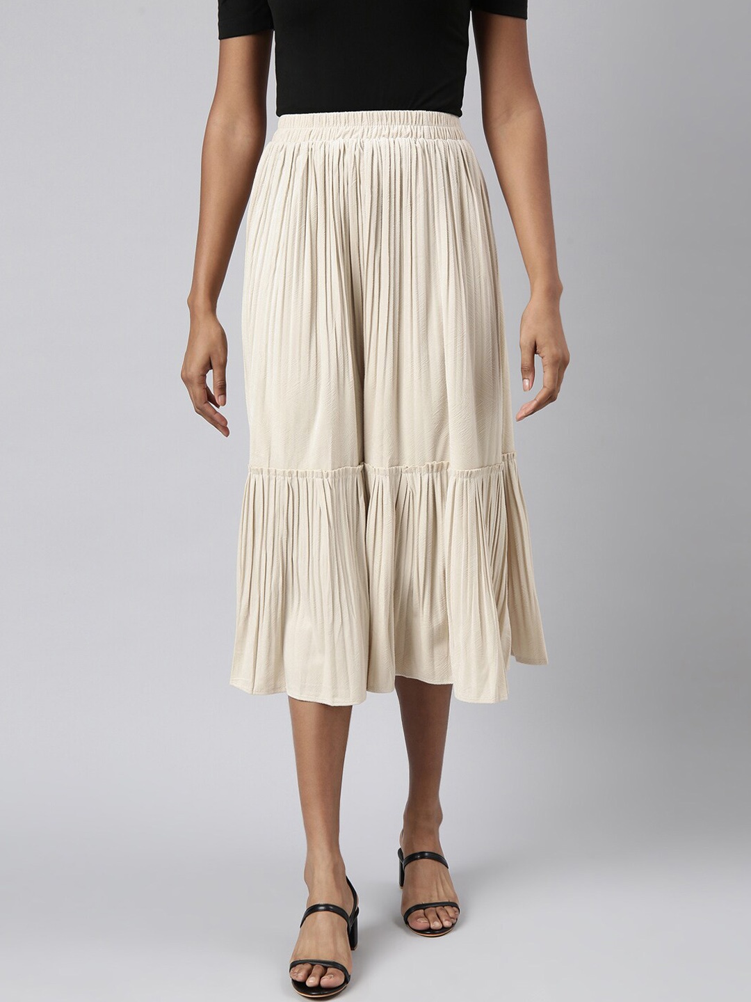 

SHOWOFF Tiered Midi Skirt, Beige