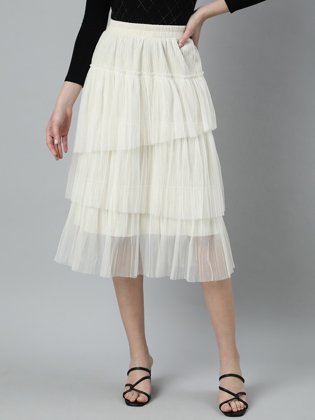 

SHOWOFF Tiered Midi Skirt, Cream