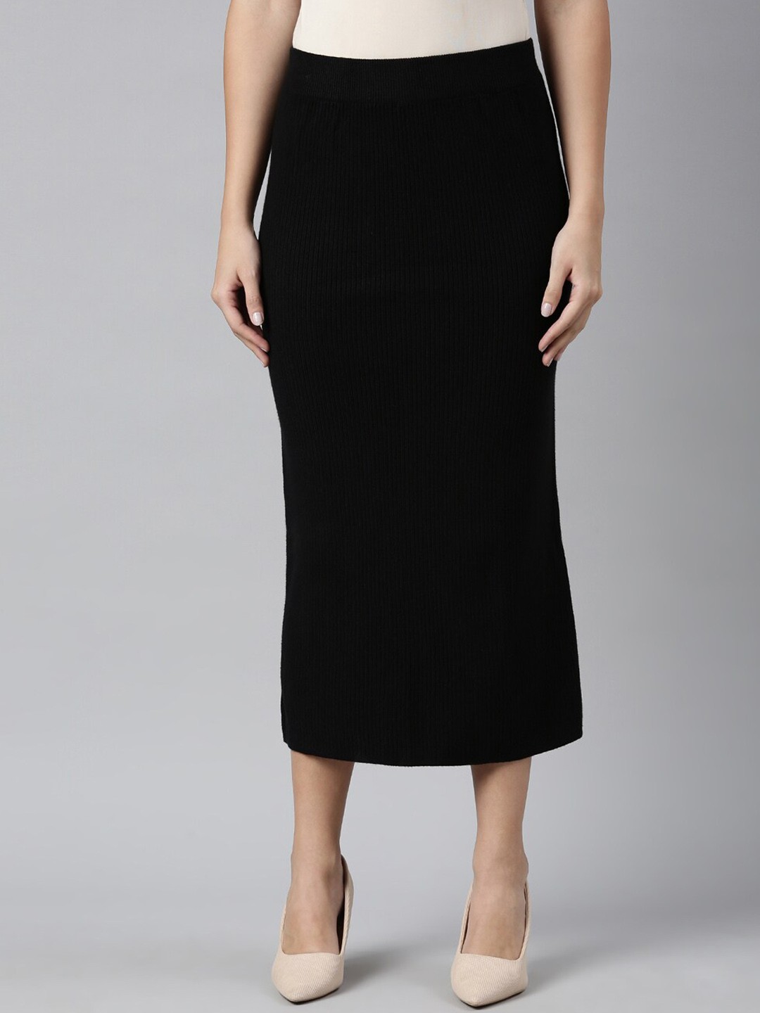 

SHOWOFF Self Design Straight Midi Skirt, Black