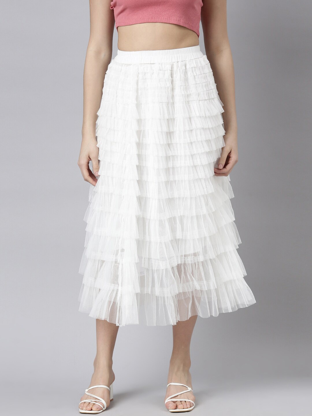 

SHOWOFF Tiered Midi Skirt, White
