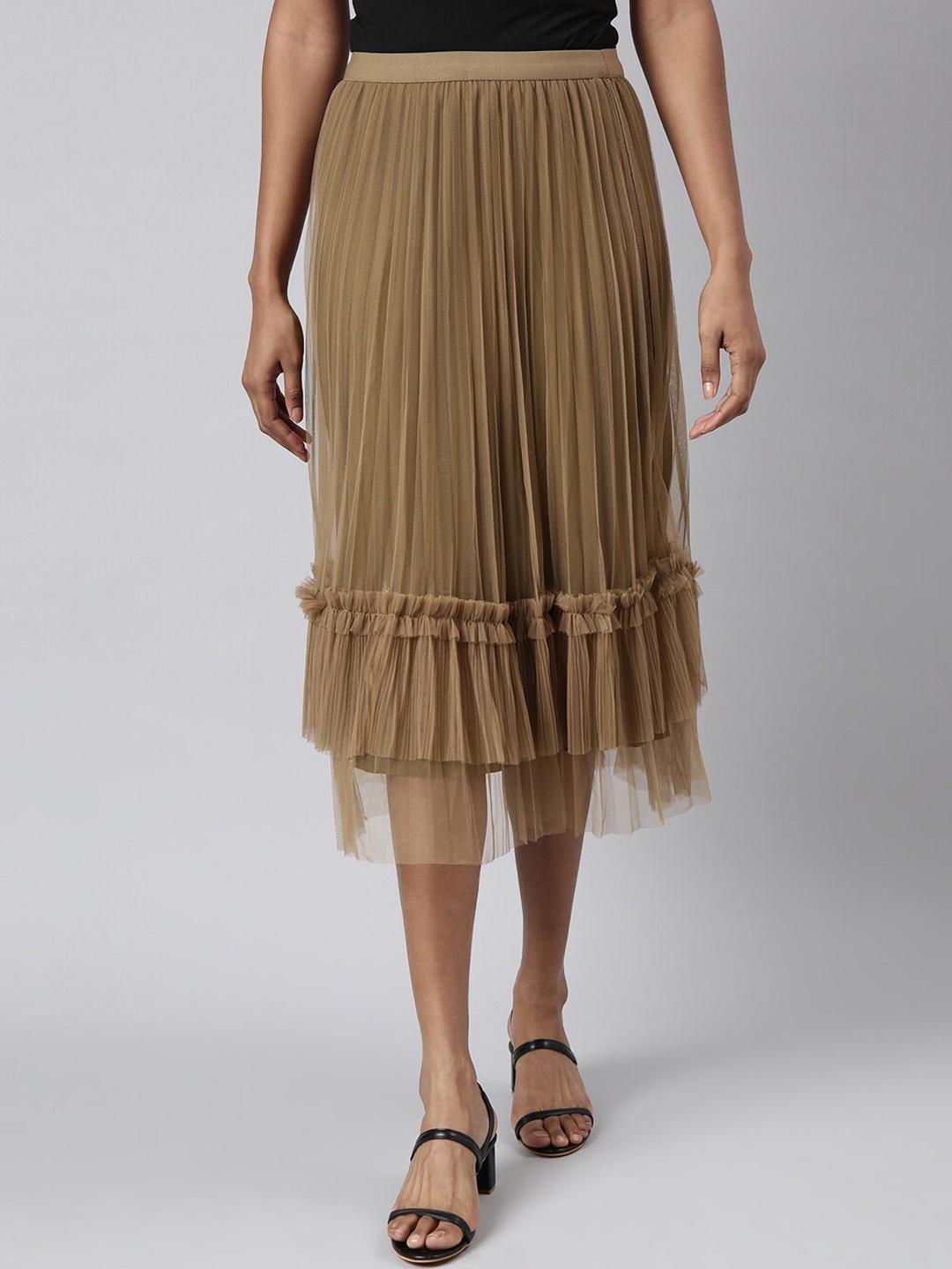 

SHOWOFF Pleated Flared Midi Skirt, Brown