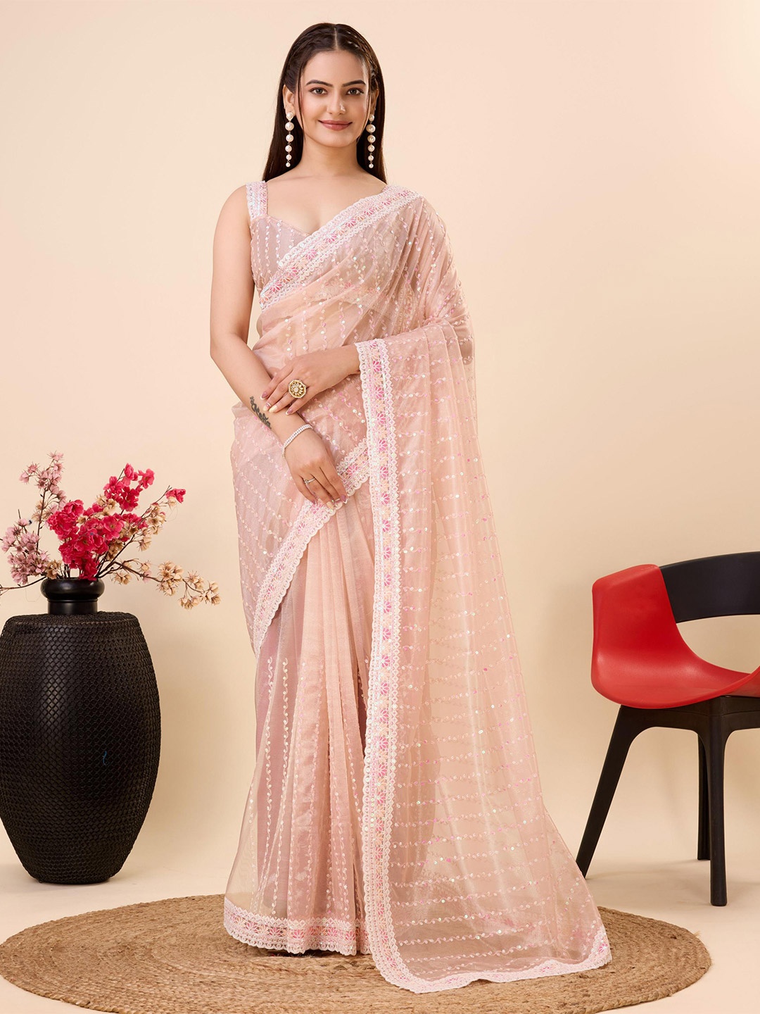 

VAIRAGEE Floral Sequinned Embroidered Net Saree, Nude