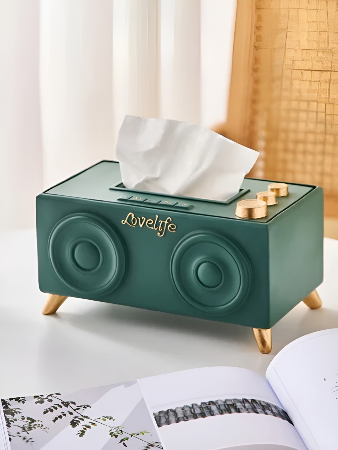 

THEDECORKART Green & Gold Toned Textured Tissue Holder