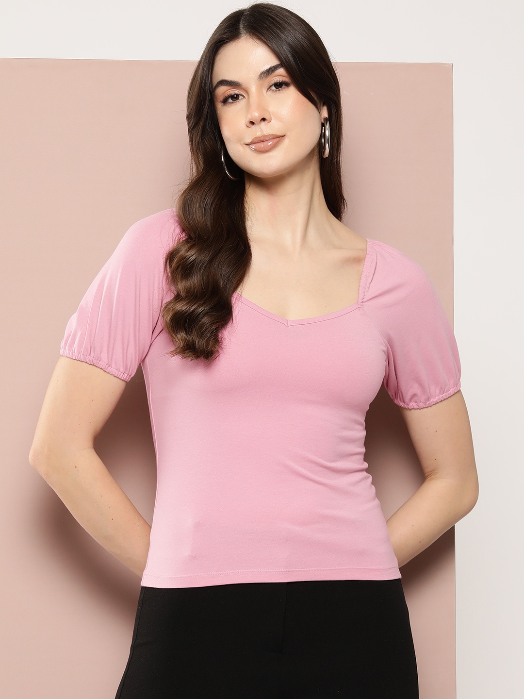

FEMEA Sweetheart Neck Puff Sleeves Cotton Top, Pink