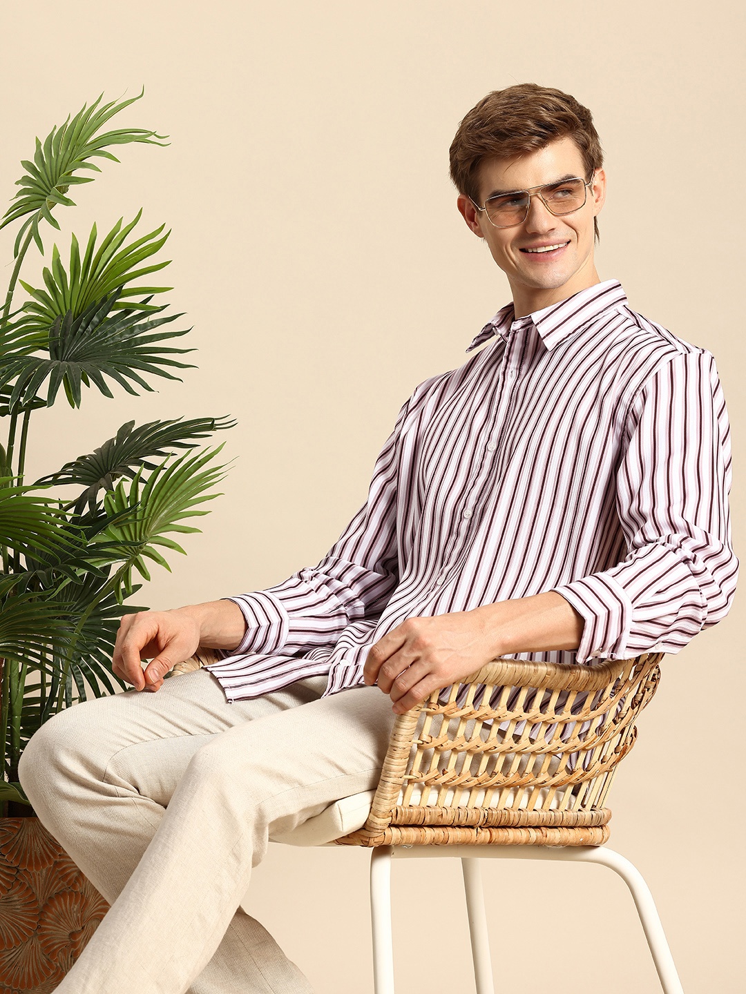 

Mast & Harbour Men Striped Relaxed Fit Casual Shirt, Beige