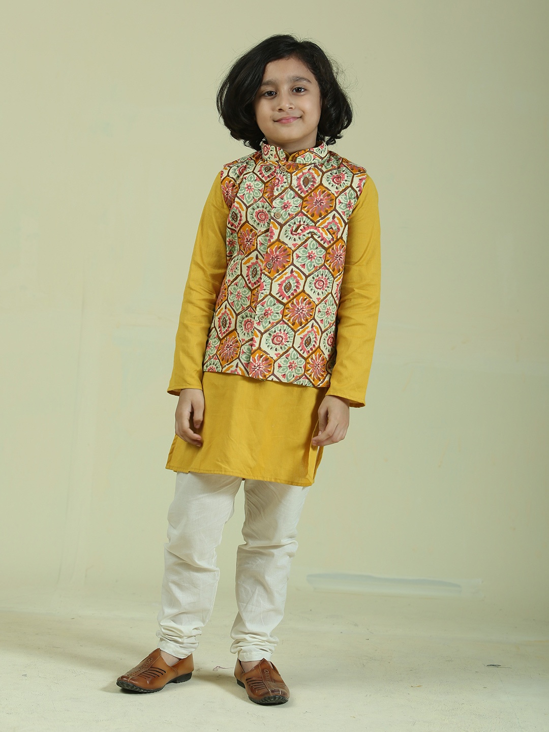 

Folk Culture Clothing Boys Pure Cotton Kurta & Pyjamas with Printed Nehru Jacket, Yellow