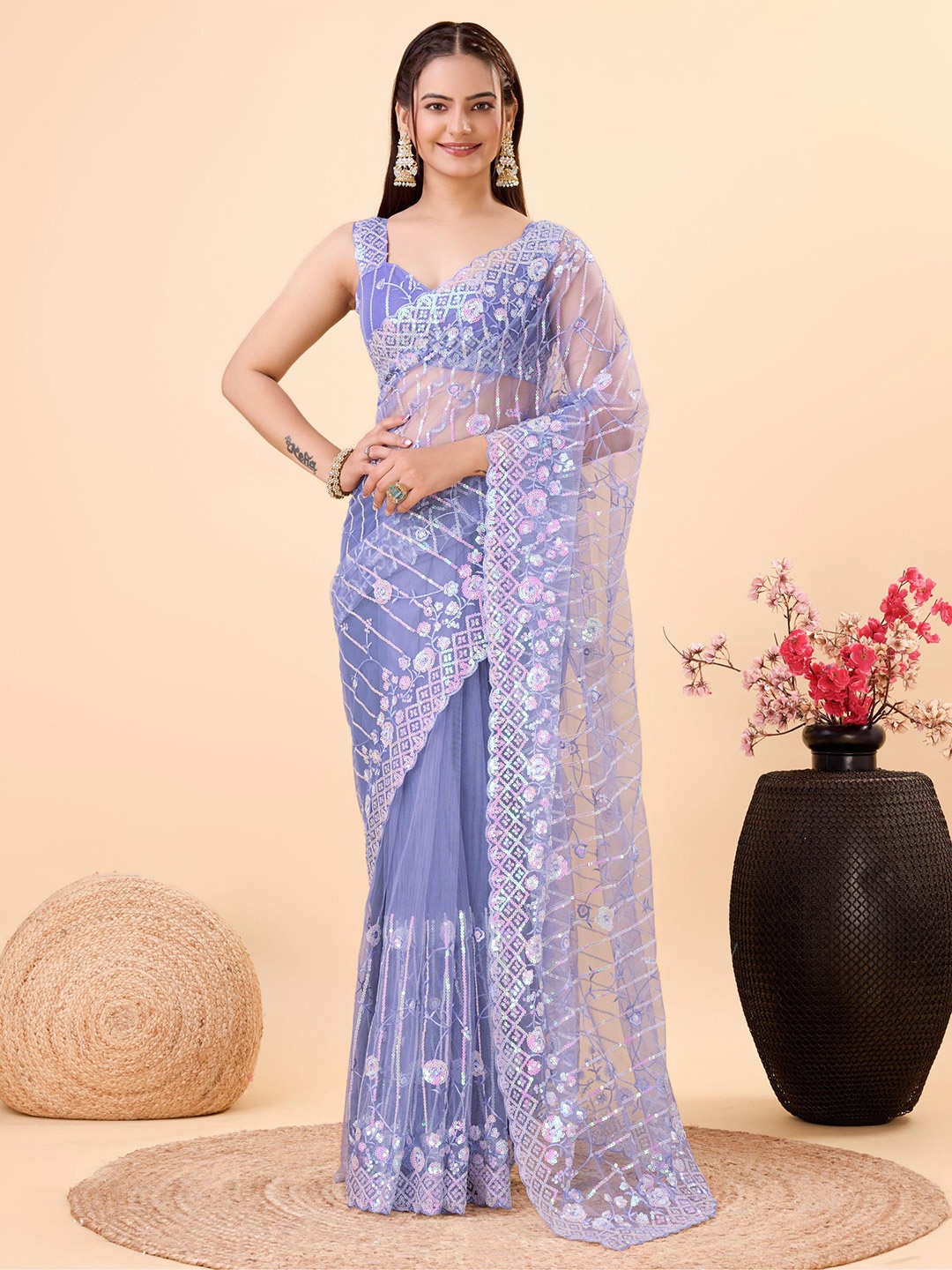 

HERE&NOW Floral Embroidered Net Saree, Lavender