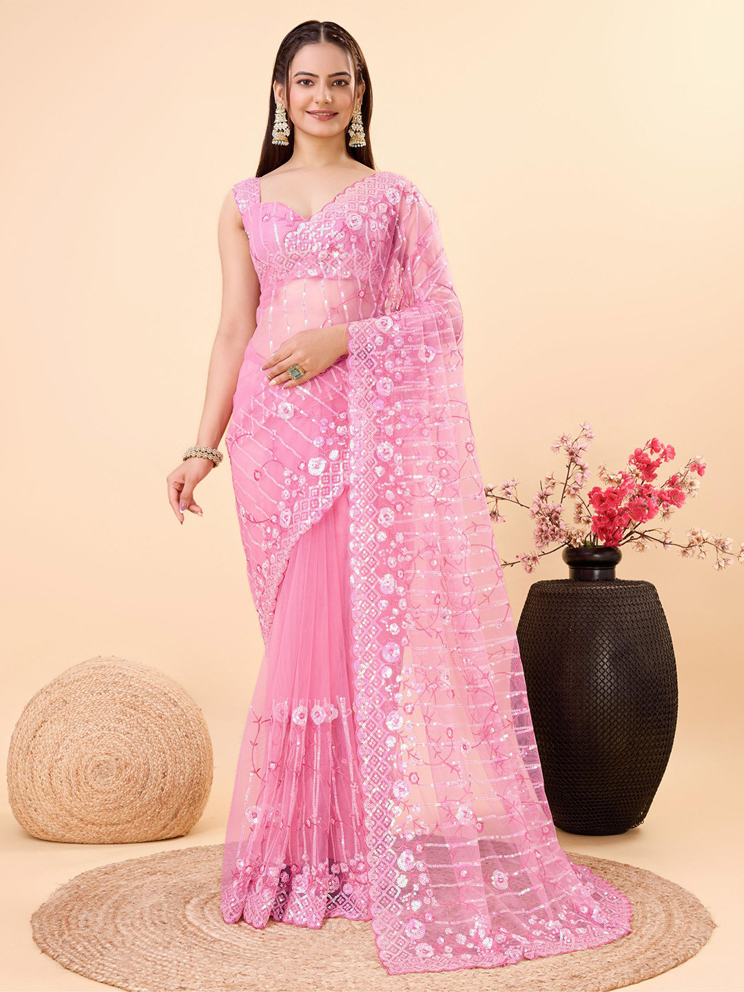 

HERE&NOW Floral Embroidered Net Saree, Pink